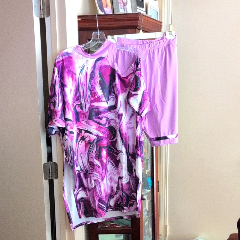 Vibrant Purple and Pink Abstract Shirt Shoulder Out Abstract Short Set. NWT